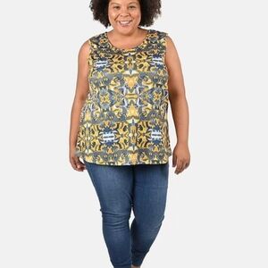 Tamsy Gray and Yellow Floral Print Basic Scoop Neck Knit Tank